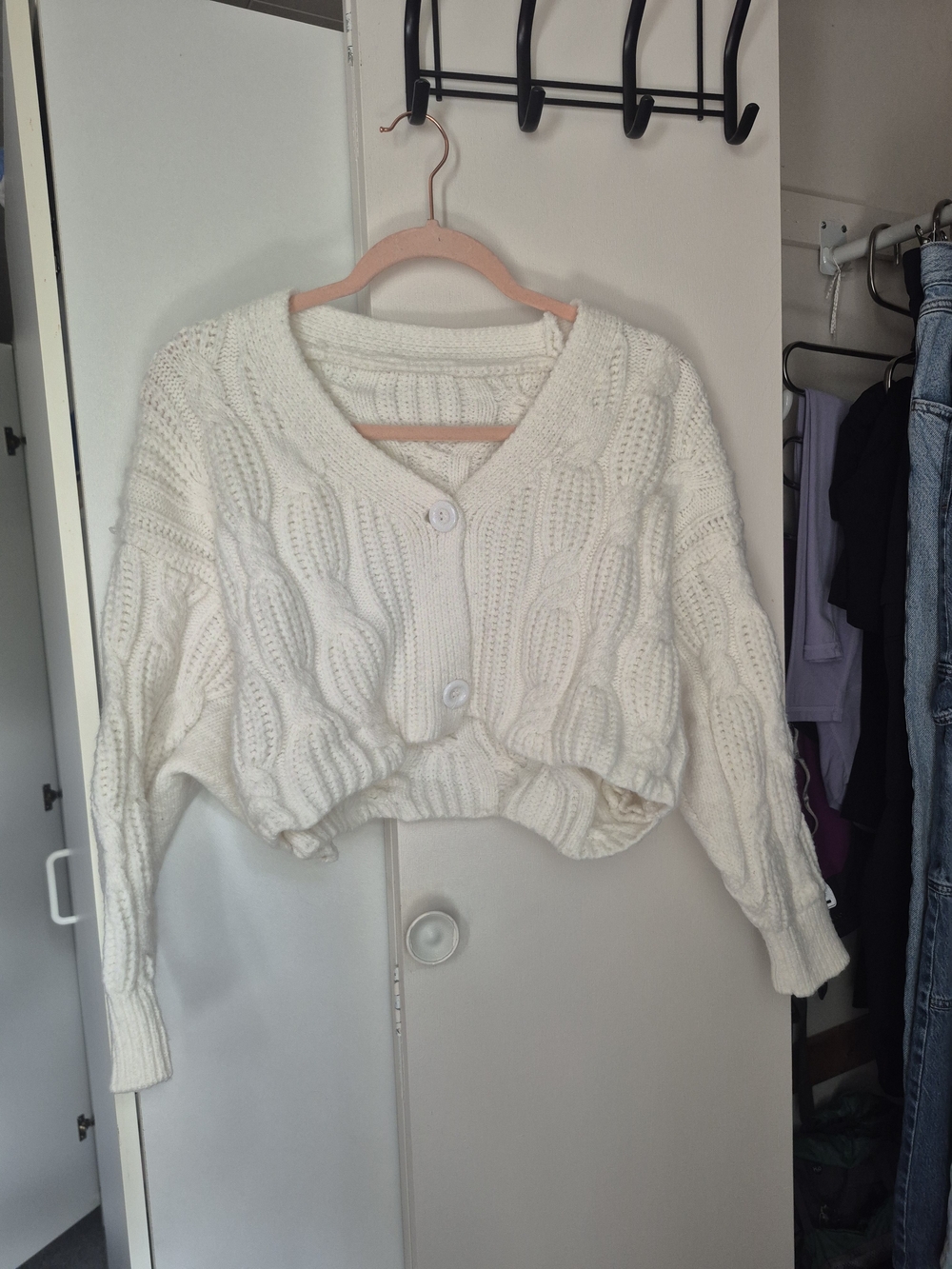 Women's White Cable Knit Button Cardigan Sweater